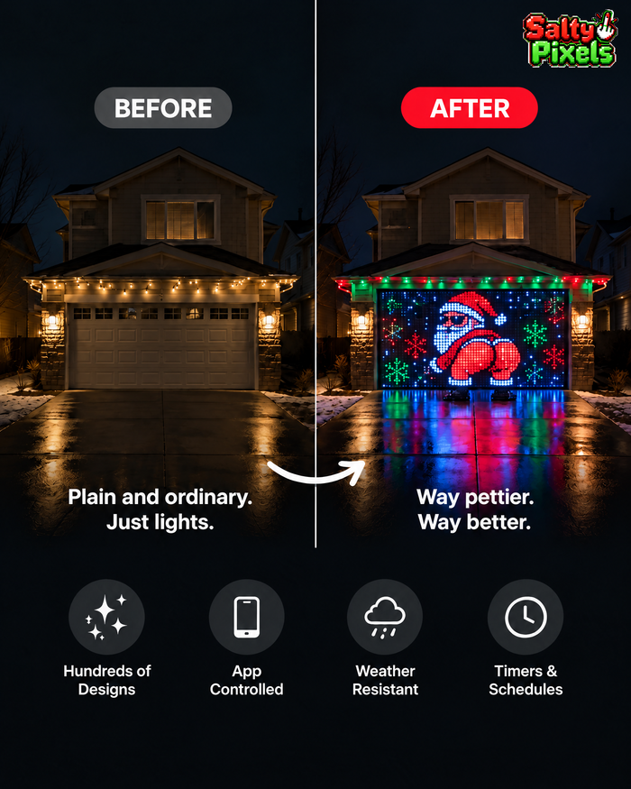 Before and after house with Salty Pixels LED curtain