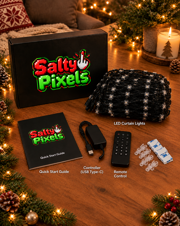 Salty Pixels LED curtain kit box and contents